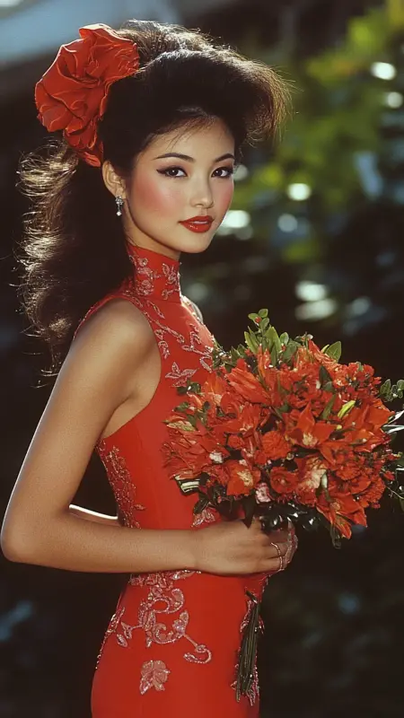 Spirited 80s Revival: Black Wave Wonder with Fiery Flair - 80s Prom Hair