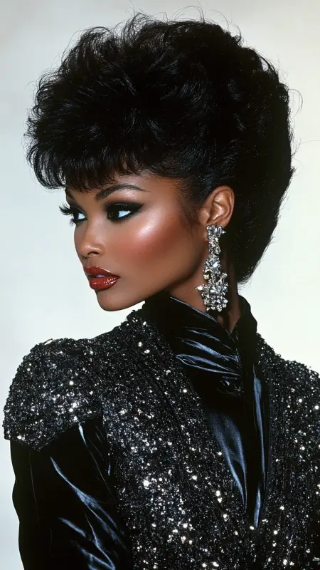 Glamorous Jet-Black Curls: A Time-Traveling 80s Prom Dream - 80s Prom Hair