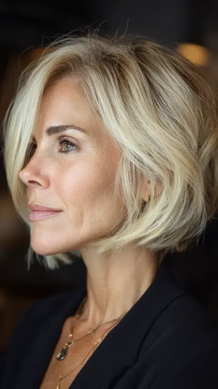 Angled Bob with Side-Swept Bangs - Shoulder Length Hairstyles For Women Over 60