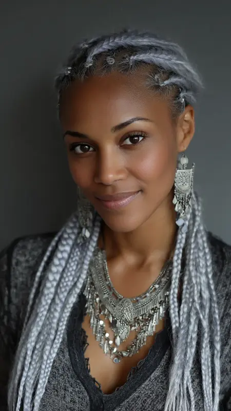 Ash Silver Box Braids - silver hair color ideas