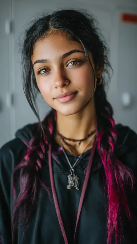 Black Hair with Magenta Underlayer - Hair color ideas for students