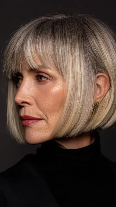 Blunt Bob with Center Part -  Hairstyles for over 70 year old women 