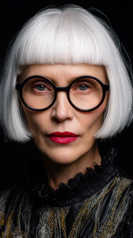 Blunt Cut with Micro Bangs -  Short white hair for older women 
