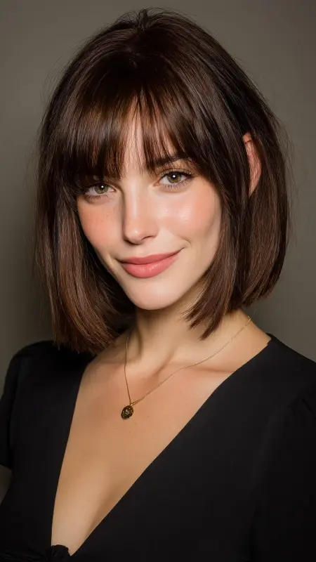 Blunt Lob with Curtain Bangs - Medium length haircut for round faces