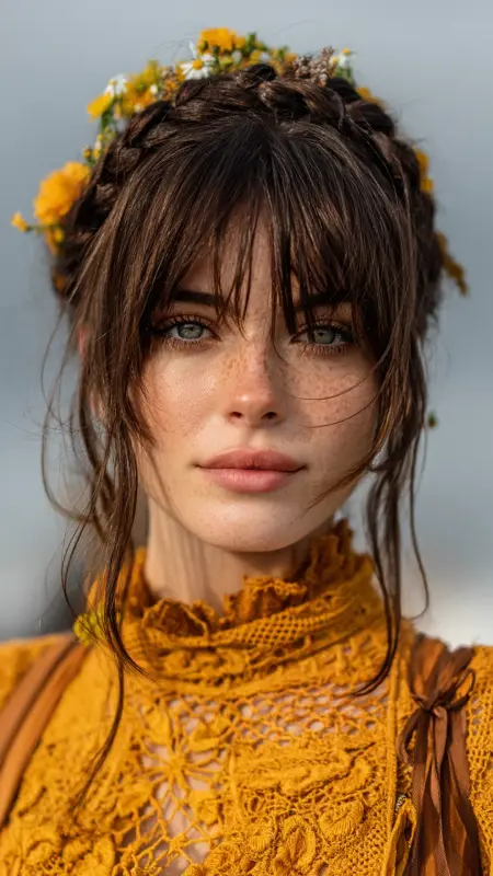 Boho Fishtail Braid with Curtain Bangs - long curtain bangs round face