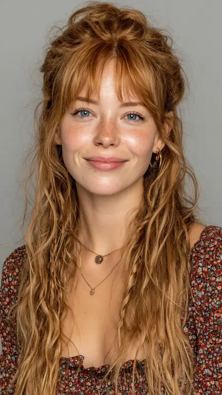 Boho Half-Up with Curtain Bangs - long curtain bangs round face