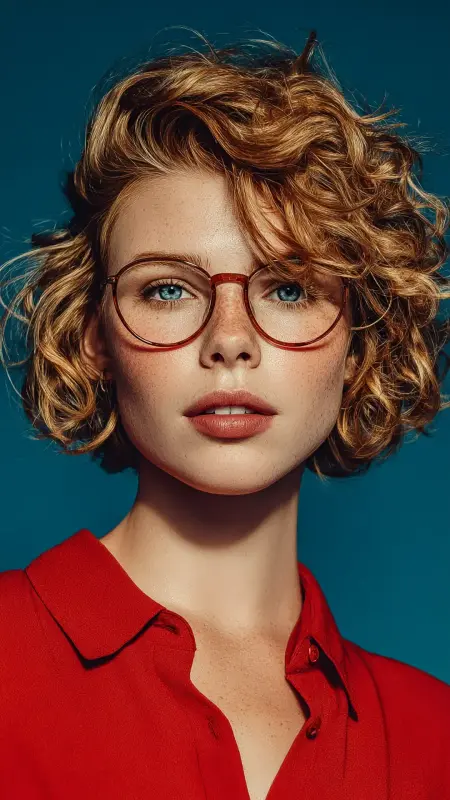 Bouncy Curly Bob with Side Swept Bangs - short curly hair with glasses