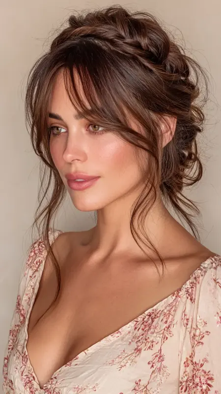 Braided Half-Updo with Curtain Bangs - Face framing curtain bangs