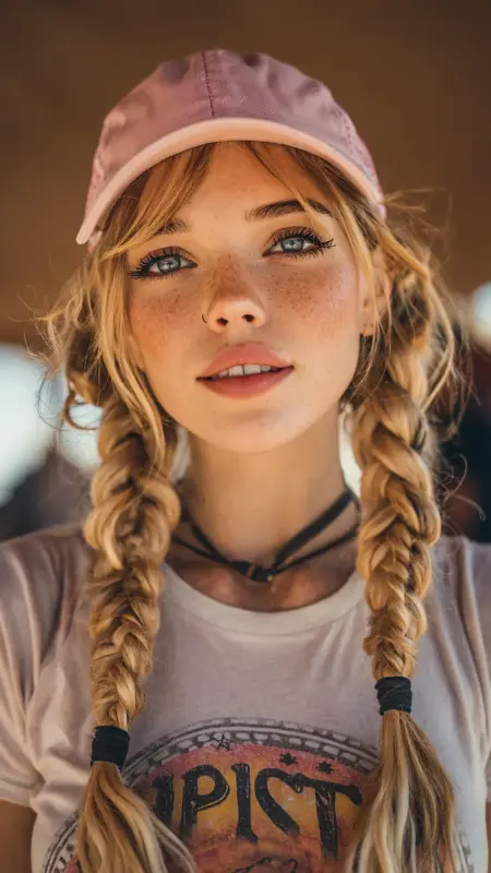 Braided Pigtails  Trucker Hat -  Trucker Hat Hairstyles 