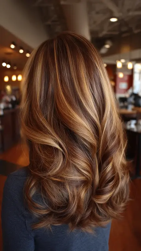 Caramel Ribbon Highlights on Curly Bob - Low maintenance hair color