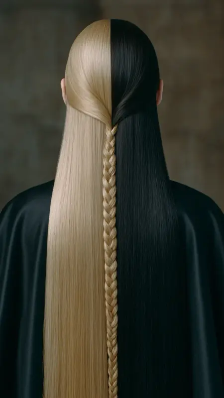 Casual Low Ponytail with Face-Framing Layers -  Two hair colors split 