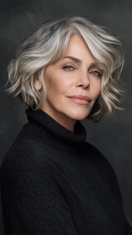 Choppy Lob with Beach Waves - Medium length hair with layers over 60 older women