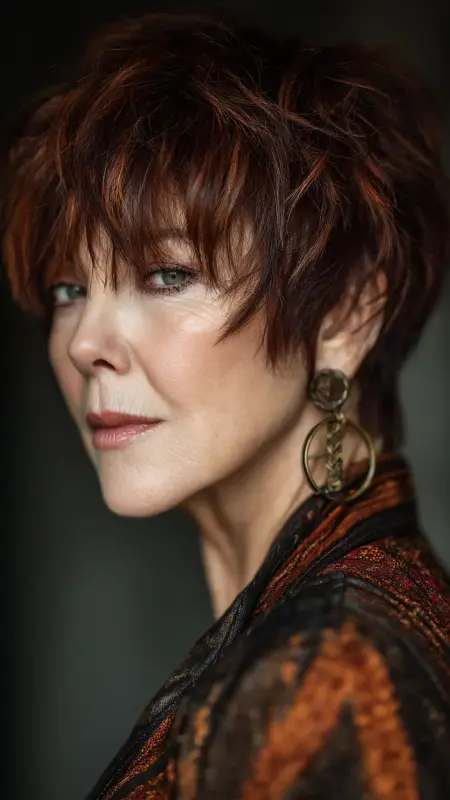 Choppy Medium Cut with Side-Swept Bangs -  Pixie Cut Hairstyles For Older Women 