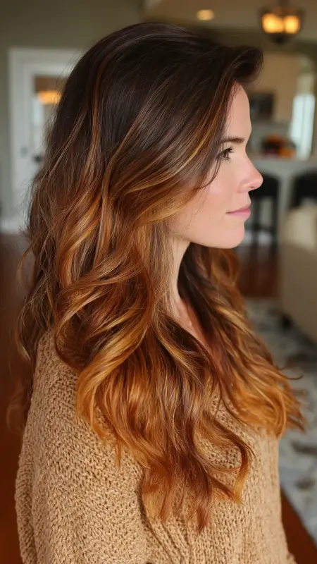Cinnamon Balayage on Long Layers - Hair color ideas for women in 30s