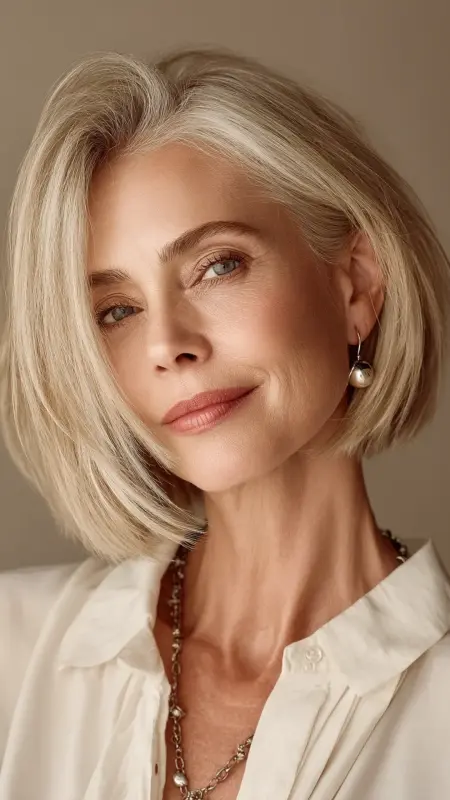 Classic Shoulder-Length Blunt Cut with Sleek Finish - Medium length hair with layers over 60 older women