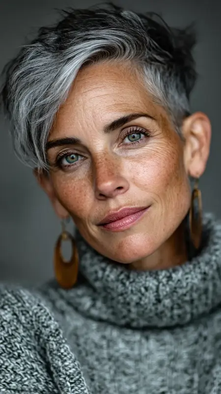 Classic Taupe - Sculpted Blowout - Undercut pixie haircut for older women