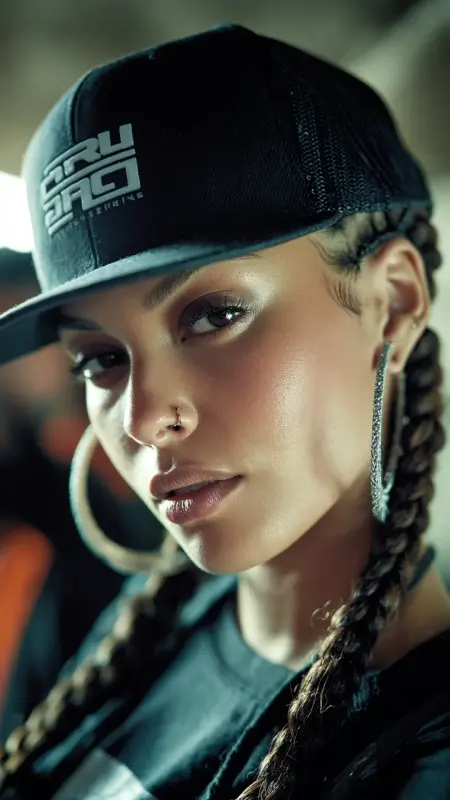Corkscrew Curls with Curtain Bangs -  Trucker Hat Hairstyles 