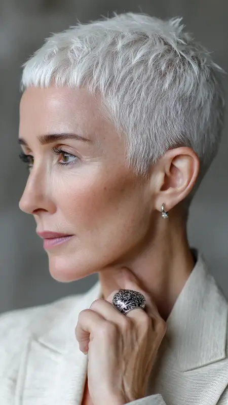 Cropped Bob with Voluminous Top -  Short white hair for older women 