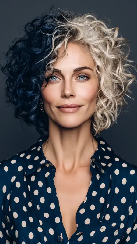 Curly Bob with Side Part - Midnight Blue -  Two hair colors split 