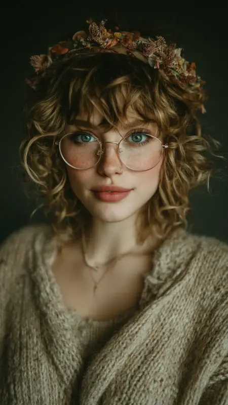 Curly Bob with Undone Bangs - short curly hair with glasses