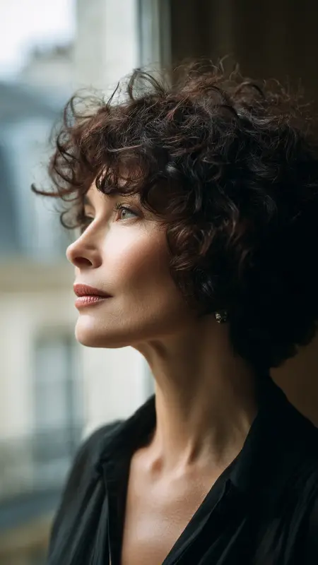 Curly French Bob with Micro Fringe - Short Curly Haircuts For Women Over 50