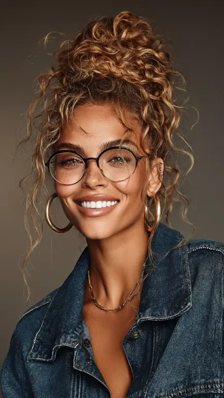 Curly Half-Up Bun - short curly hair with glasses