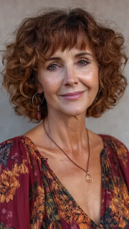 Curly Layered Bob with Side Swept Bangs - Short Layered Hairstyles For Older Women