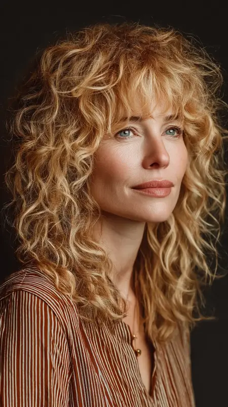 Curly Layered Cut with Curtain Bangs - Hairstyles For Women Over 60 With Curly Hair