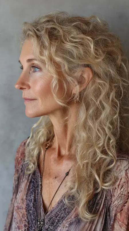 Curly Long Layers with Feathered Ends - Hairstyles For Women Over 60 With Curly Hair