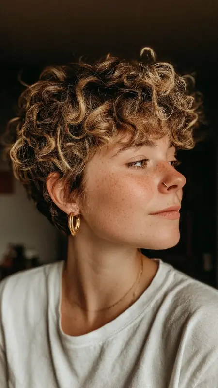 Curly Pixie with Shadow Roots -  Short pixie haircuts for curly hair 