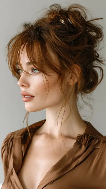 Curtain Bangs with Low Messy Bun - Face framing curtain bangs