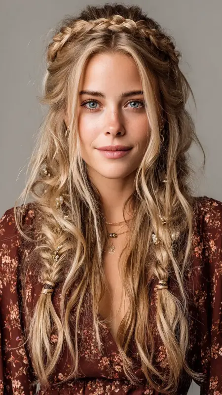 Curtain Bangs with Twisted Half-Up Style - long curtain bangs round face