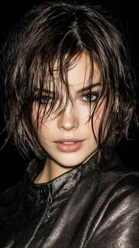 Curtain Bangs with Wet Texture Bob - long curtain bangs round face