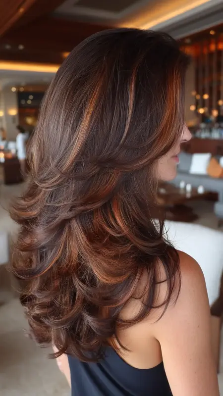Dark Espresso with Cinnamon Peekaboo Highlights - Hair color ideas for women over 50