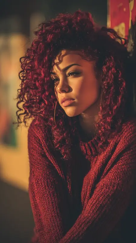Deep Burgundy Curls with Side Part -  Hair color for college students 