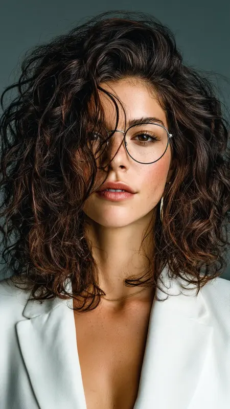 Defined Curly Lob Long Bob - short curly hair with glasses