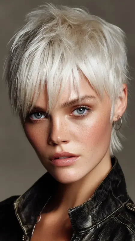 Radiant Rebel: Textured Platinum Waves - Dyke Hair
