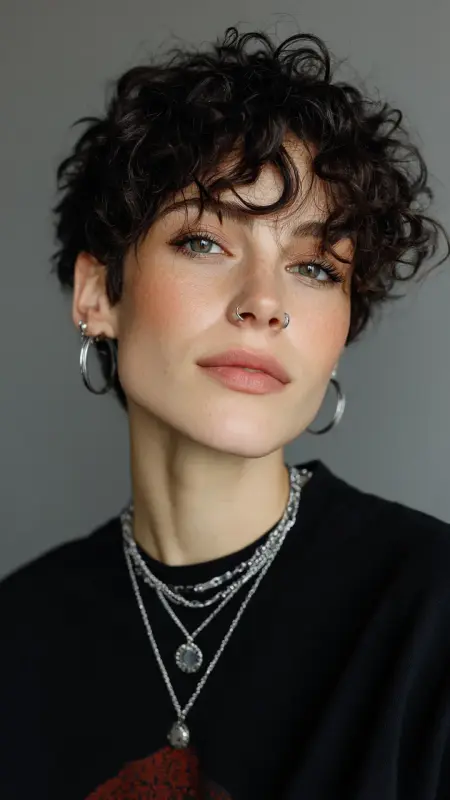 Edgy Pixie with Asymmetrical Fringe -  Short pixie haircuts for curly hair 