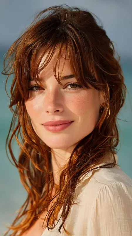 Effortless Beach Waves with Curtain Bangs - long curtain bangs round face