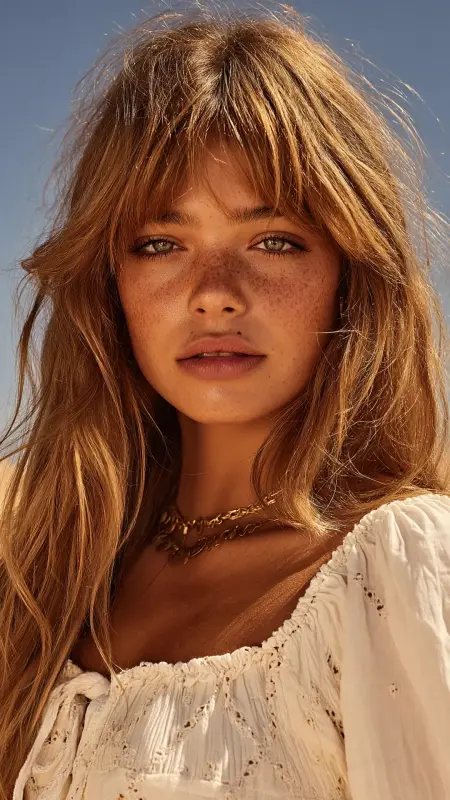 Effortless Boho Chic - long straight hair with curtain bangs