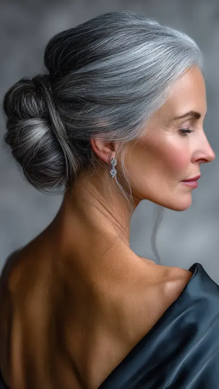 Elegant Silver Chignon - gray hair styles for women over 50