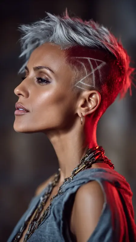 Faux Hawk Undercut - Silver Wine Red -  Two hair colors split 