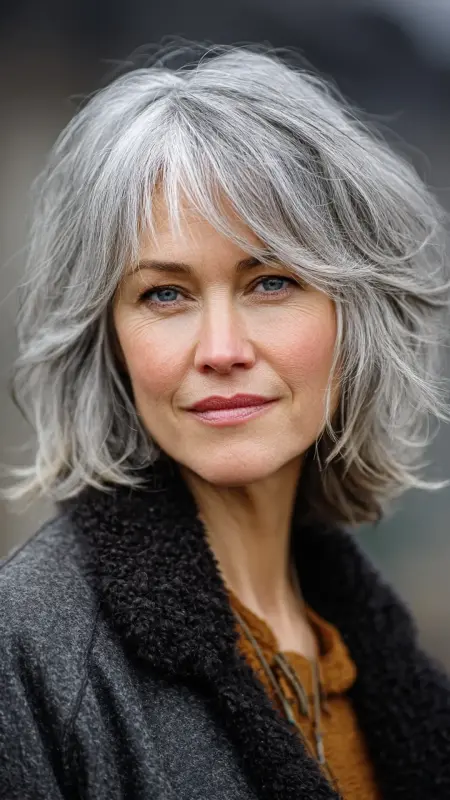 Feathered Gray Shag - gray hair styles for women over 50