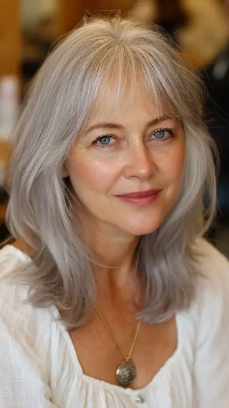 Feathered Layers with Curtain Bangs - Shoulder Length Hairstyles For Women Over 60