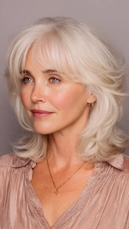 Feathered Lob with Side-Swept Bangs - Shoulder Length Hairstyles For Women Over 60