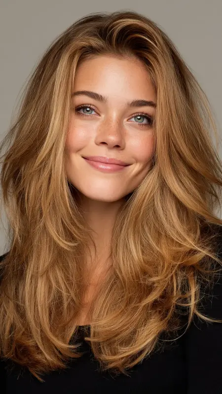 Feathered Medium Cut with Volume - Medium length haircut for round faces