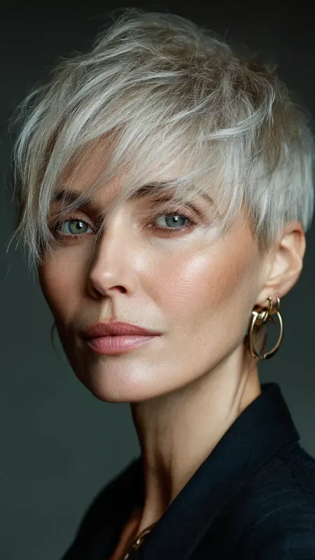 Feathered Pixie with Side-Swept Bangs -  hairstyles for women over 70 with bangs 