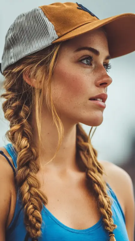 French Braid  Trucker Hat -  Trucker Hat Hairstyles 
