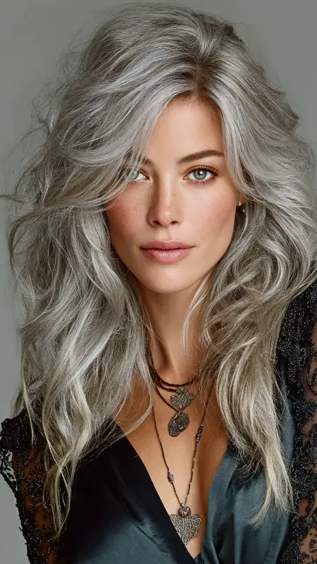 Frosty Silver Curtain Layers - silver hair color ideas