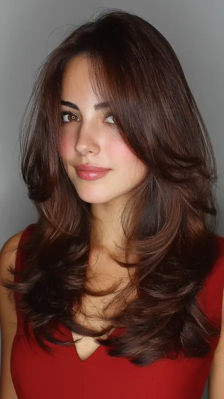 Glossy Blowout Glam - long straight hair with curtain bangs